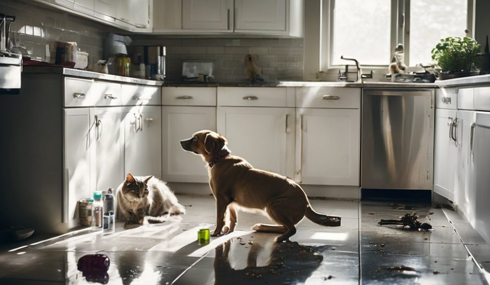 Dog and cat in a cluttered kitchen with visible household toxins, emphasizing pet safety and environmental hazards.