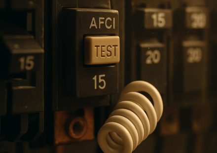 AFCI circuit breaker with a test button, emphasizing electrical safety and compliance for New Jersey homeowners.