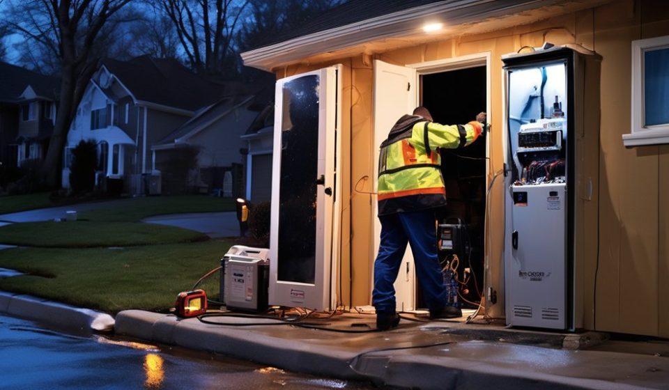Electrician in safety gear working on electrical panel outside a house at night, showcasing emergency electrical service.