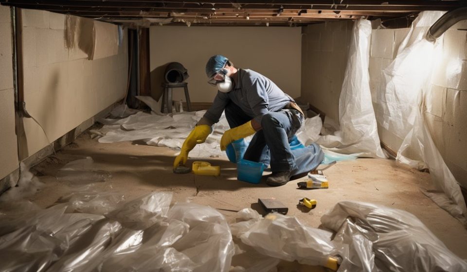 Worker in protective gear conducting asbestos testing in a basement, surrounded by plastic sheeting and tools, highlighting the importance of safety during home renovations.