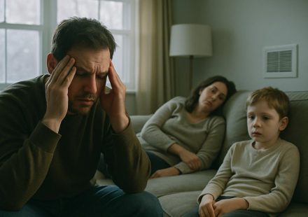 Family showing signs of distress, with a man holding his head, a woman looking concerned, and a child observing, emphasizing the emotional impact of carbon monoxide poisoning awareness for NJ homeowners.