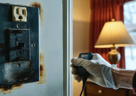 Hand in a glove holding a voltage tester near a damaged electrical panel with burnt markings, lamp in the background, illustrating common electrical issues in NJ homes.