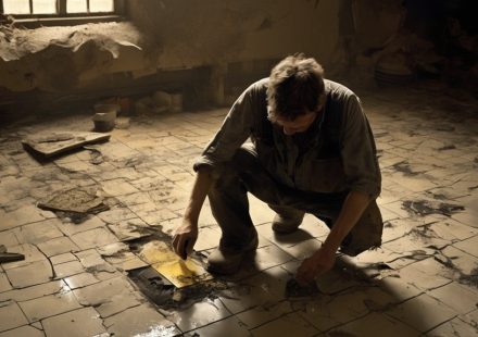 Man kneeling on a dusty floor, removing tiles, highlighting risks of DIY asbestos removal in a hazardous environment.