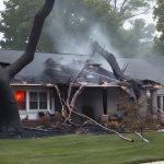 House with fire damage and smoke, highlighting electrical hazards and the importance of safety in residential settings.
