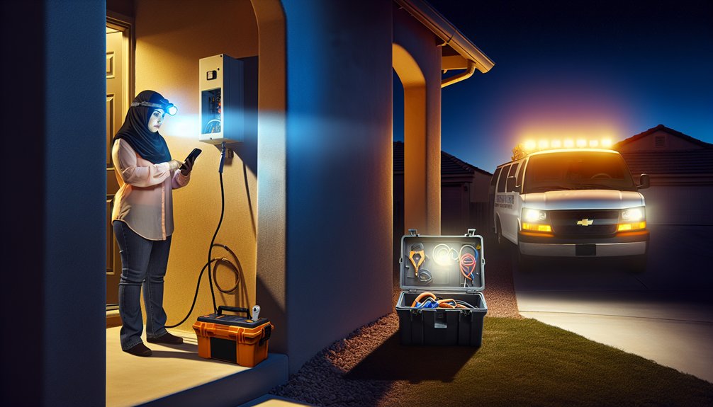 Emergency electrician assessing electrical panel at night, using phone and headlamp, with toolbox and service vehicle in background, highlighting after-hours electrical service.