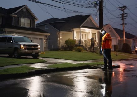 Emergency electrician assessing outdoor electrical issues at night, illuminated by streetlights, with residential homes and power lines in the background.
