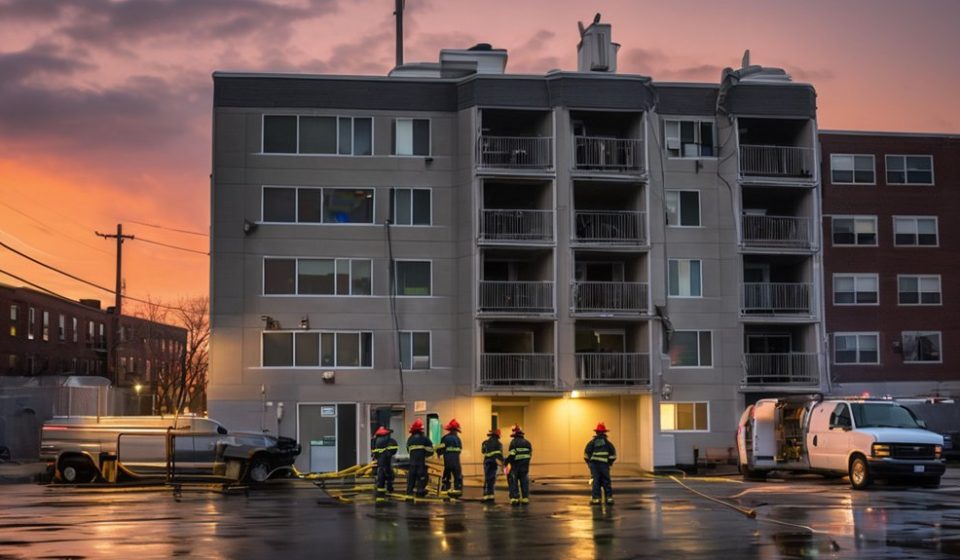 Emergency HVAC response team assessing multi-family building during sunset, with visible equipment and safety measures in place.