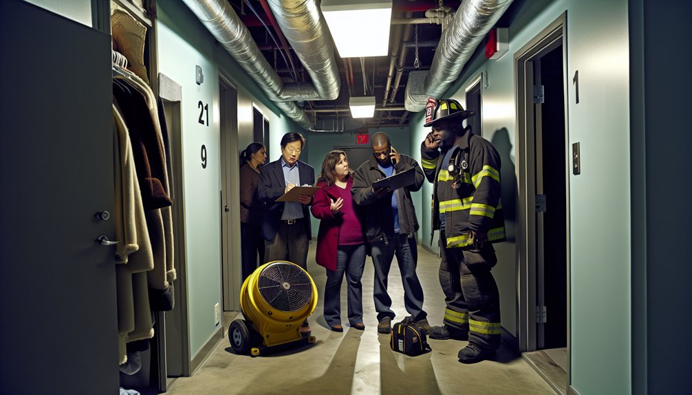 Group of people discussing HVAC emergency procedures in a multi-family building hallway, featuring a firefighter, portable fan, and numbered doors.
