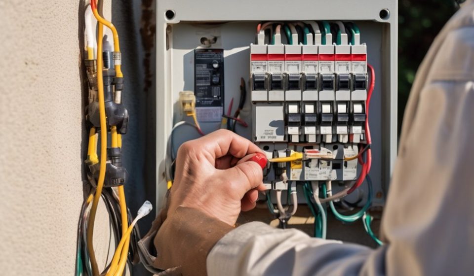 Person operating a circuit breaker in a home electrical panel, demonstrating emergency power shutdown procedures for safety.