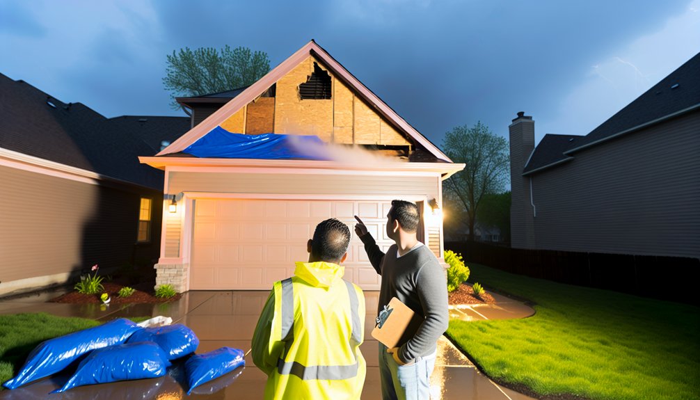 Emergency roof inspection with two men assessing damage and discussing repairs, featuring exposed roof area and tarps on the ground, emphasizing urgency in roof repair decisions.