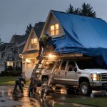 Workers applying a blue tarp for emergency roof repair on a house during rainy weather, with a ladder and truck positioned nearby.