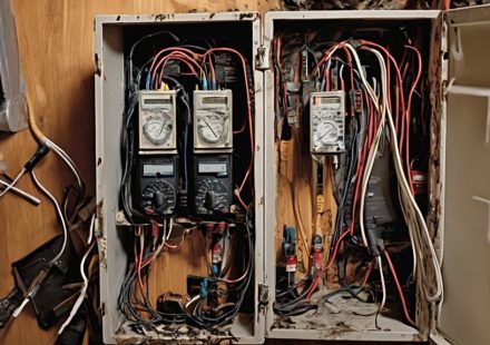 Electrical panel with multimeters and exposed wiring, showing signs of damage, relevant to assessing electrical safety after power surge incidents.