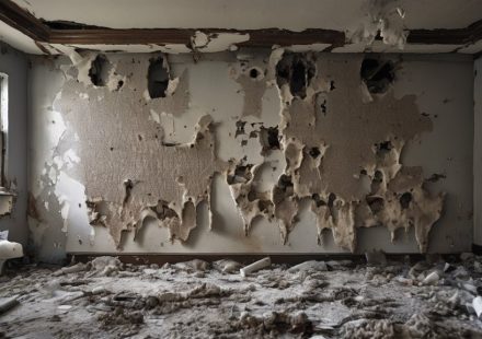 Damaged wall with peeling paint and exposed insulation, indicating potential hidden mold or asbestos hazards in home renovations.