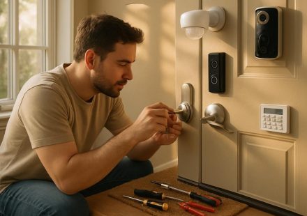 Man installing a door lock with tools on a front door, showcasing home security measures relevant to securing homes before evacuations.
