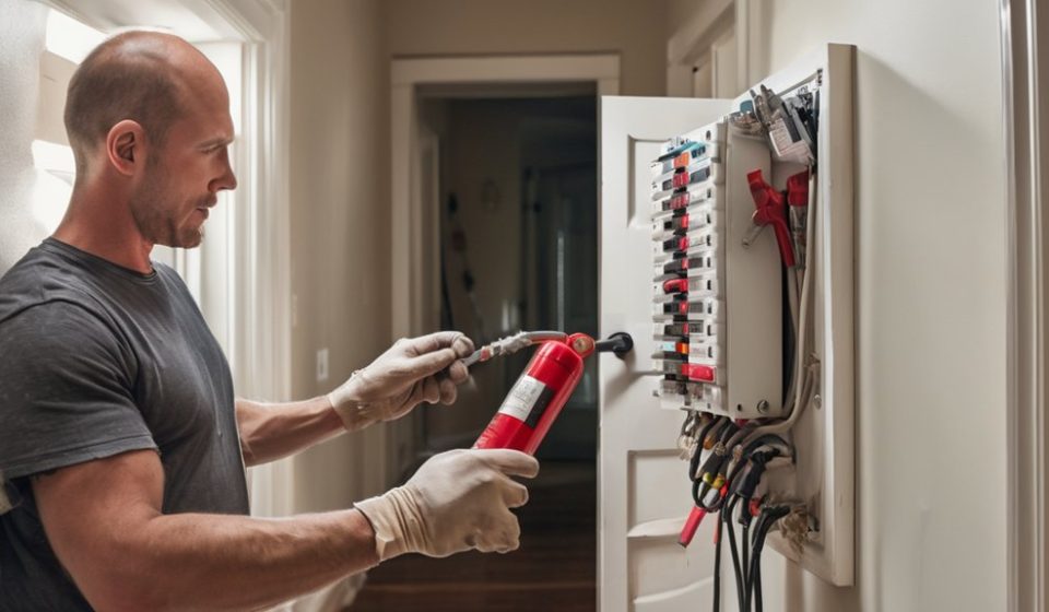 Man using a fire extinguisher near an electrical breaker panel, demonstrating emergency electrical safety actions for homeowners.