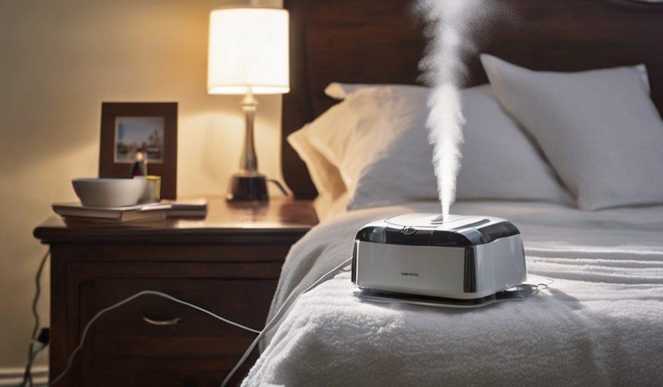 Humidifier emitting steam on bedside table in a bedroom setting, highlighting emergency shutdown procedures for malfunctioning units to prevent water damage.