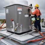 HVAC technician performing maintenance on rooftop humidifier unit, emphasizing emergency preparedness for water damage prevention.