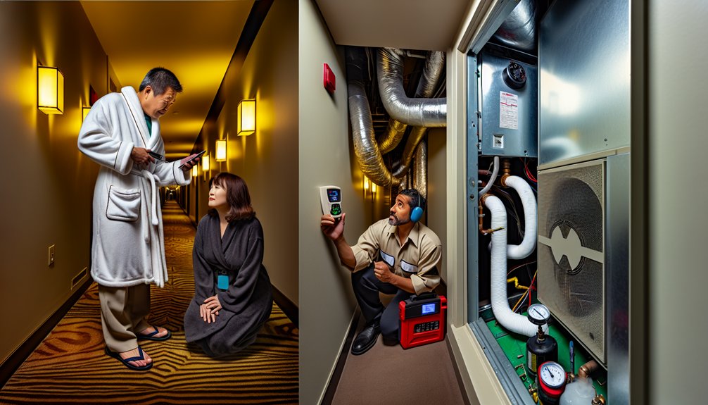 Man in a bathrobe discussing HVAC issues with a woman in a hotel hallway, technician inspecting HVAC unit with gauges and tools in a maintenance room.