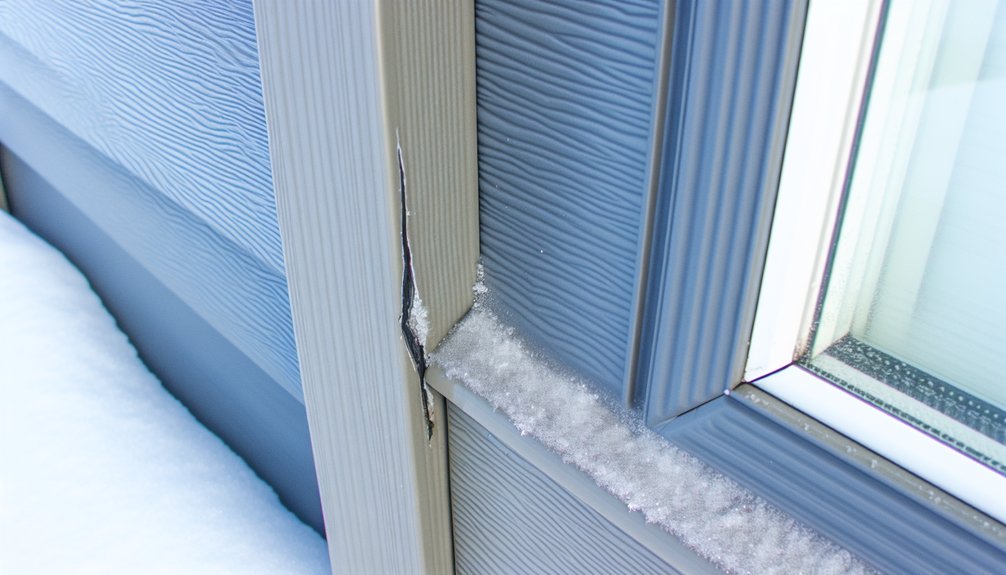 Vinyl siding crack at corner post with snow, highlighting winter damage and potential for water intrusion.