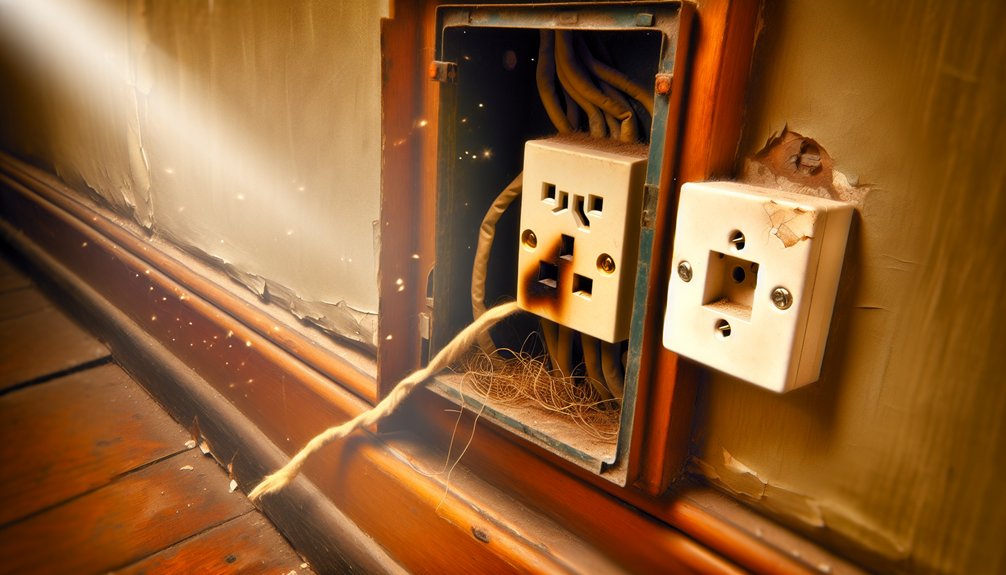 Old electrical outlet with exposed wiring, visible scorch marks, and deteriorating wall, highlighting safety hazards in aging homes.