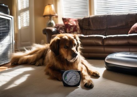 Golden retriever lying on carpet near HVAC unit and thermometer, illustrating pet safety during temperature extremes in home environments.