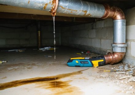 Leaking pipe with water droplets and a moisture meter on the floor, highlighting common plumbing issues in NJ home inspections.