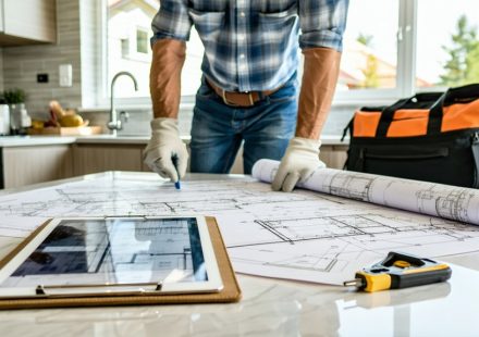 Person reviewing home repair blueprints and plans on a table, with tools and a tablet, in a kitchen setting, illustrating steps to hire contractors after a home inspection.