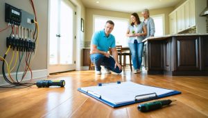 Home inspector kneeling beside clipboard in kitchen, reviewing home inspection report with new homeowners, tools and electrical panel visible.