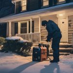 Technician servicing HVAC equipment outside a home during winter, emphasizing emergency maintenance for humidifier issues.