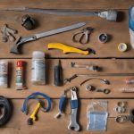 Emergency roof repair kit tools and supplies on a wooden surface, including a hammer, spray adhesives, sealants, and various hand tools, relevant to homeowner preparedness for emergency repairs.