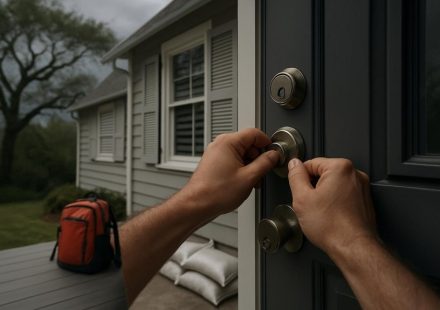 Person securing front door lock before evacuation, with a backpack and sandbags visible, emphasizing home safety during emergencies in New Jersey.