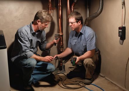 Two technicians diagnosing plumbing issues in a basement, examining pipes and using tools to identify noise problems related to home maintenance.