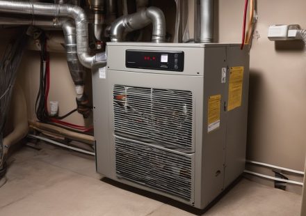 Furnace unit in a basement setting, showcasing visible ducts and control panel, relevant to new homeowners learning about furnace signals and maintenance.